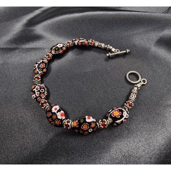 Vintage Millefiori Glass Bead Bracelet With Silver Accents & Toggle Clasp - Picture 3 of 5